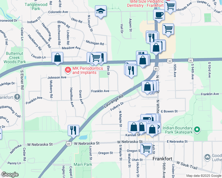 map of restaurants, bars, coffee shops, grocery stores, and more near 247 Franklin Avenue in Frankfort