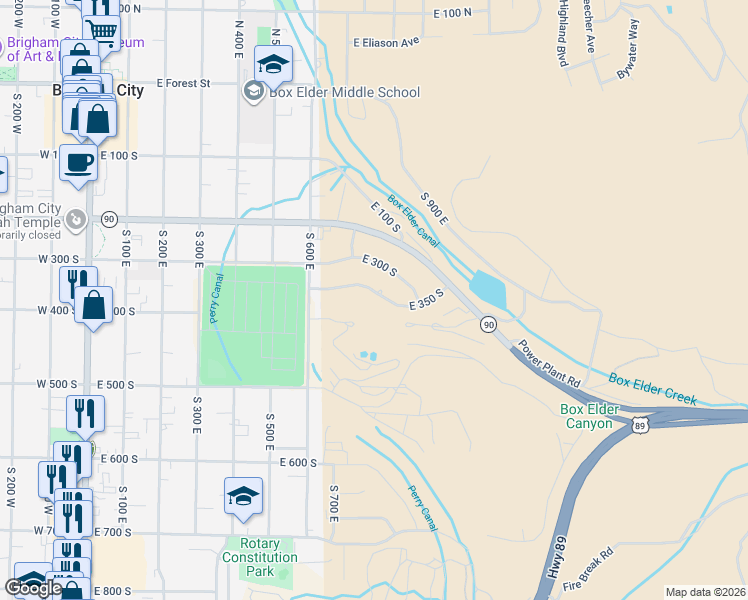 map of restaurants, bars, coffee shops, grocery stores, and more near 828 East 350 South in Brigham City