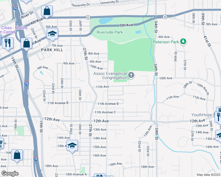 map of restaurants, bars, coffee shops, grocery stores, and more near 2910 11th Avenue in Moline