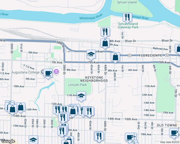 map of restaurants, bars, coffee shops, grocery stores, and more near 808 42nd Street in Rock Island