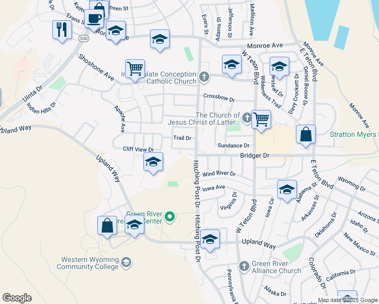 map of restaurants, bars, coffee shops, grocery stores, and more near 1410 Hitching Post Drive in Green River