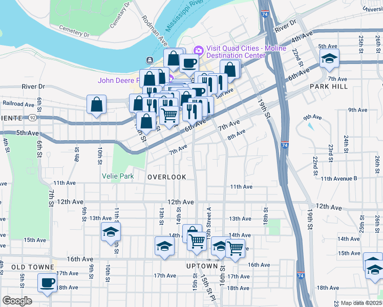 map of restaurants, bars, coffee shops, grocery stores, and more near 819 15th Street in Moline