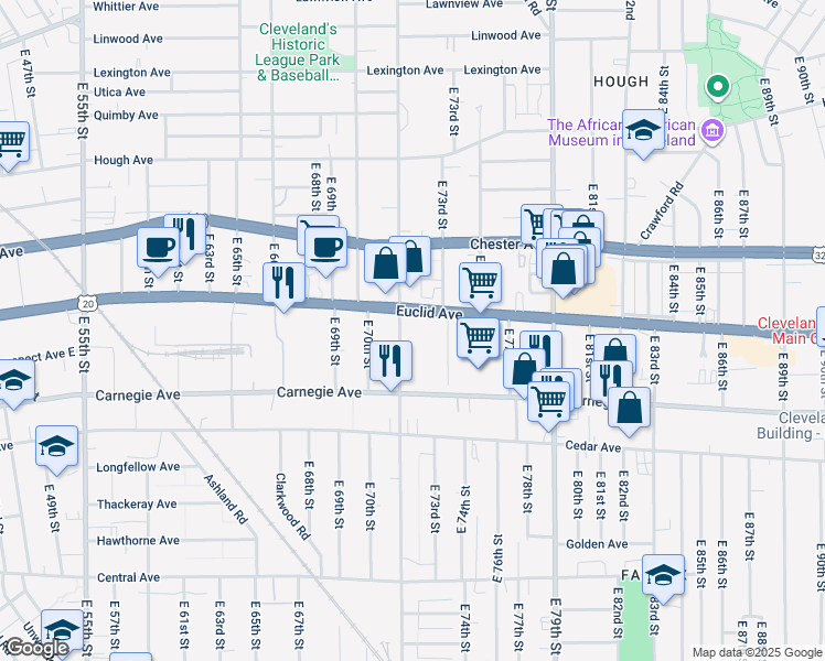 map of restaurants, bars, coffee shops, grocery stores, and more near 7100 Euclid Ave in Cleveland