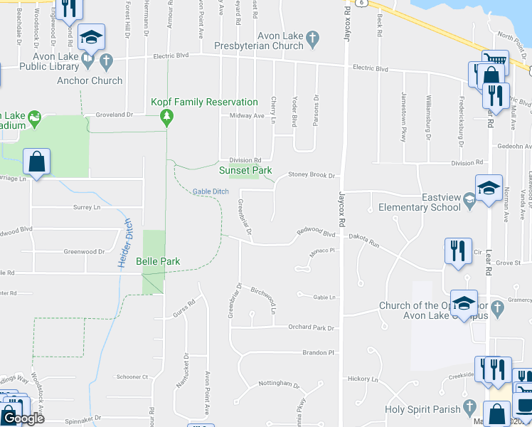 map of restaurants, bars, coffee shops, grocery stores, and more near 296 Chestnut Court in Avon Lake