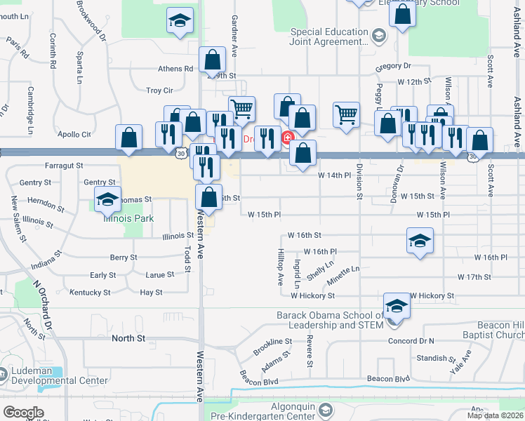 map of restaurants, bars, coffee shops, grocery stores, and more near 647 West 15th Place in Chicago Heights