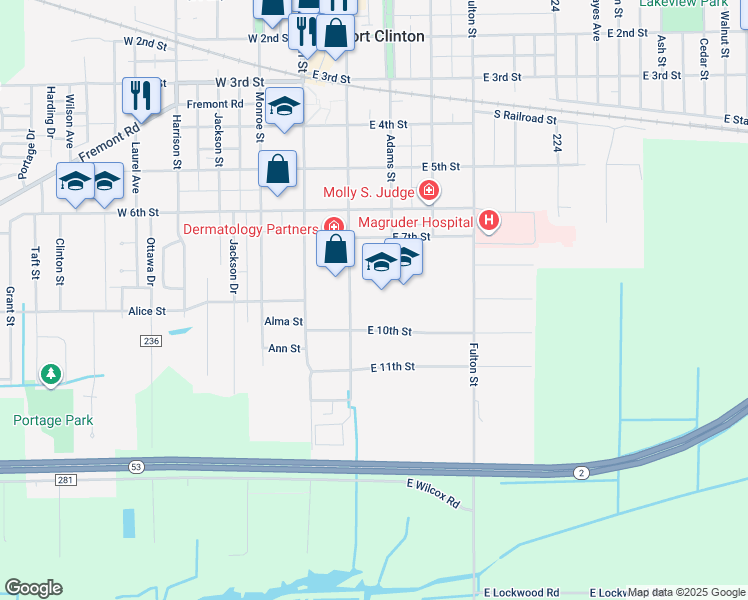 map of restaurants, bars, coffee shops, grocery stores, and more near 821 Jefferson Street in Port Clinton
