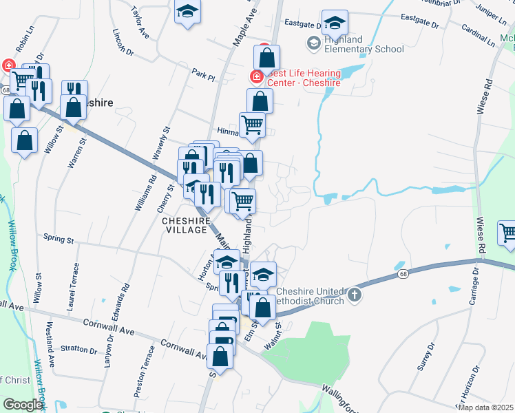 map of restaurants, bars, coffee shops, grocery stores, and more near 160 Highland Avenue in Cheshire