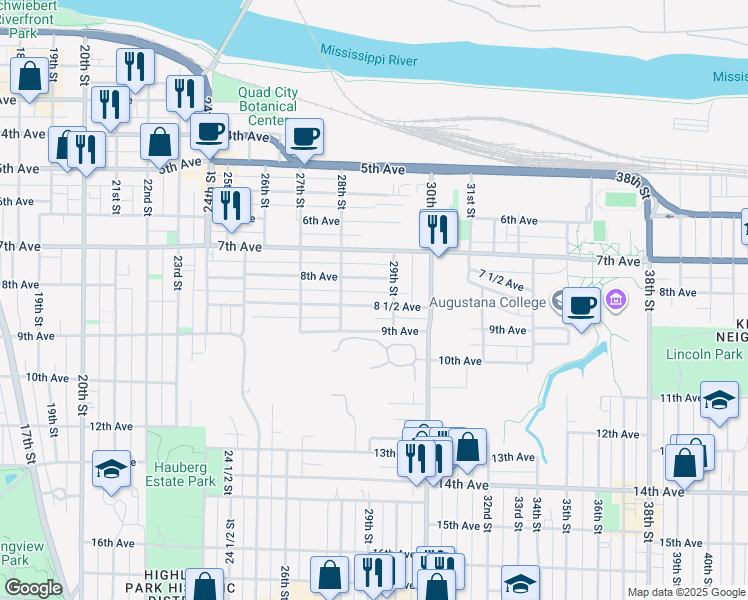 map of restaurants, bars, coffee shops, grocery stores, and more near 2831 8 1/2 Avenue in Rock Island