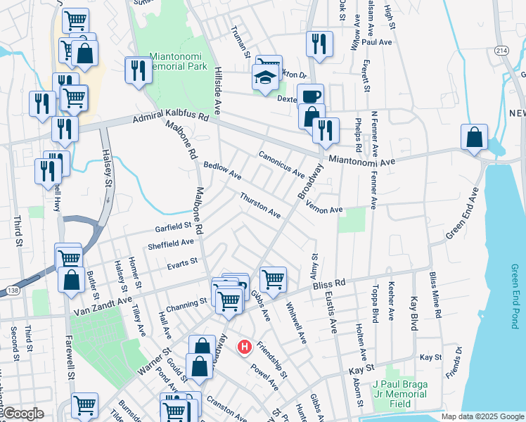 map of restaurants, bars, coffee shops, grocery stores, and more near 20 Thurston Avenue in Newport