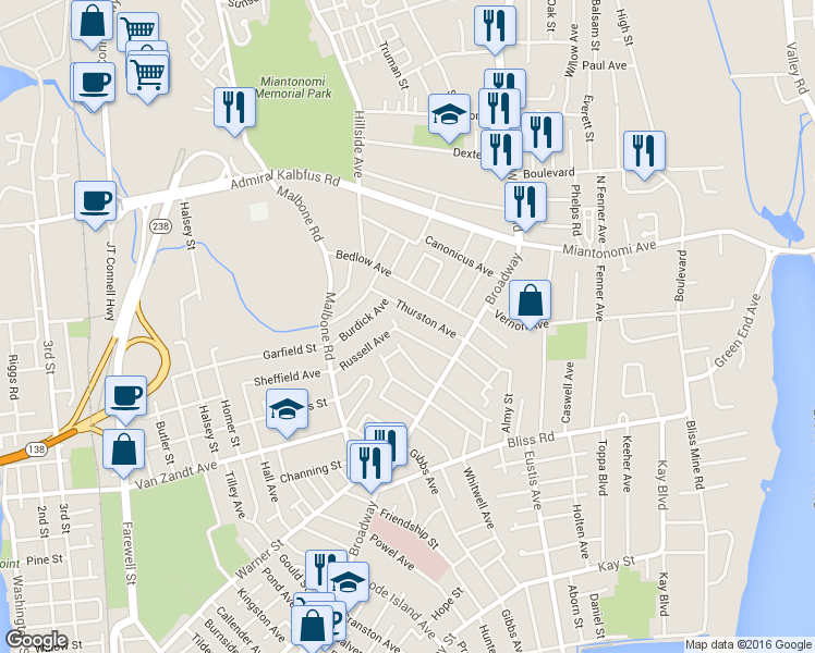 map of restaurants, bars, coffee shops, grocery stores, and more near 20 Thurston Avenue in Newport