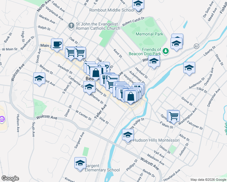 map of restaurants, bars, coffee shops, grocery stores, and more near 396 Main Street in Beacon