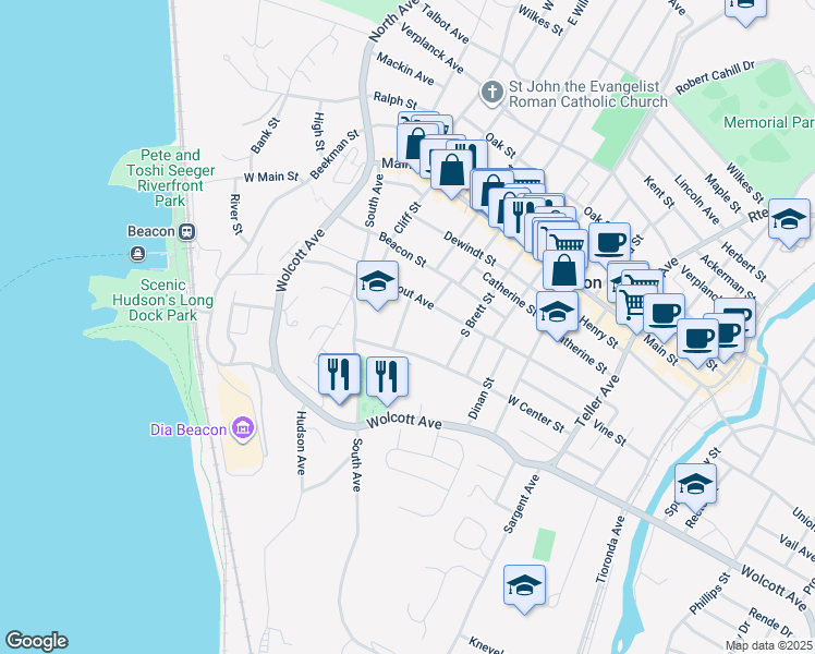 map of restaurants, bars, coffee shops, grocery stores, and more near 123 Rombout Avenue in Beacon