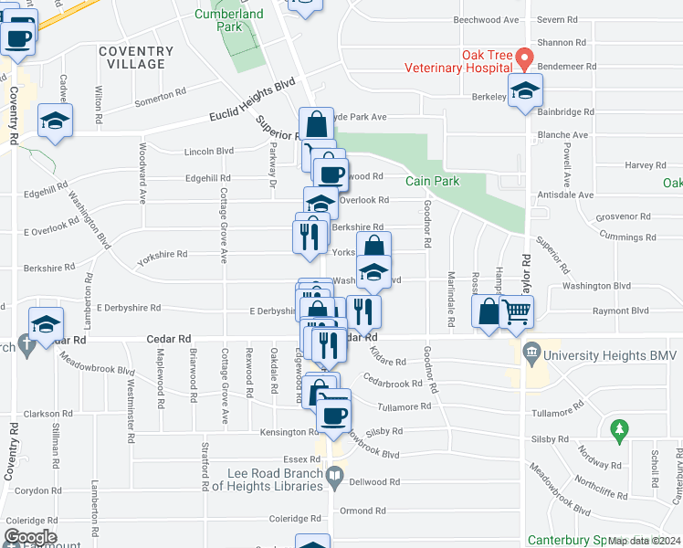 map of restaurants, bars, coffee shops, grocery stores, and more near 3241 Washington Boulevard in Cleveland Heights
