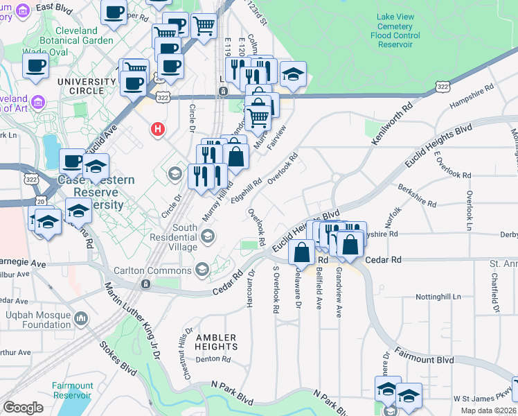 map of restaurants, bars, coffee shops, grocery stores, and more near 2224 Overlook Road in Cleveland