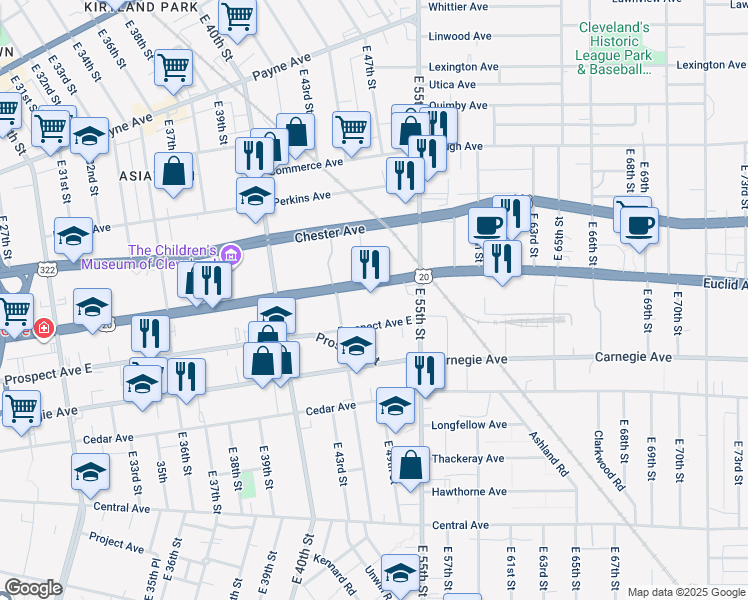 map of restaurants, bars, coffee shops, grocery stores, and more near 5001 Prospect Avenue East in Cleveland