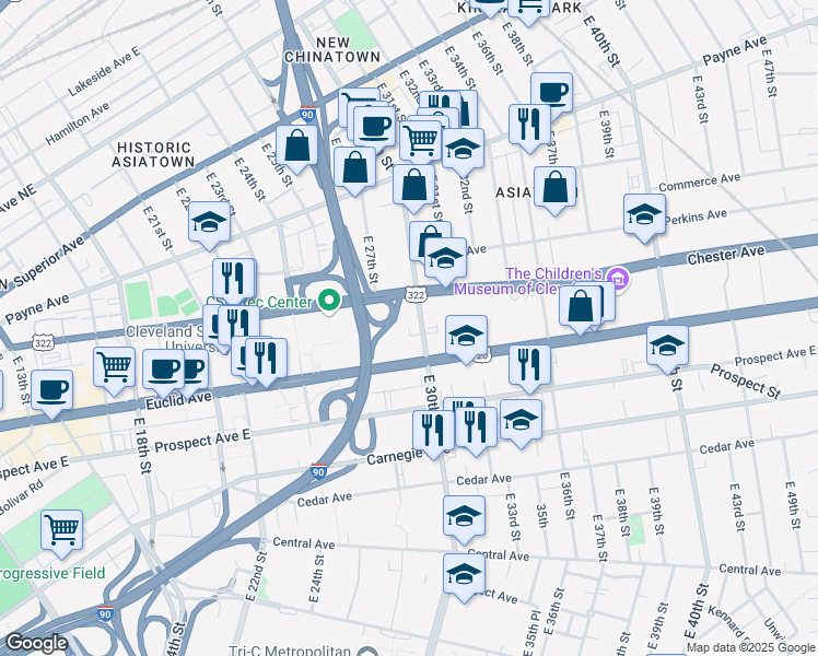 map of restaurants, bars, coffee shops, grocery stores, and more near 1900 East 30th Street in Cleveland