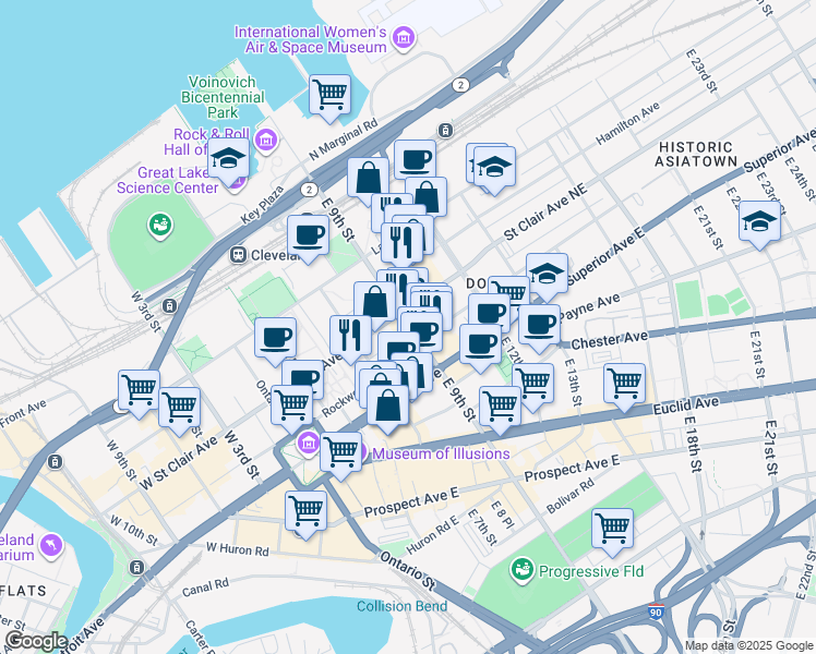 map of restaurants, bars, coffee shops, grocery stores, and more near 1360 East 9th Street in Cleveland