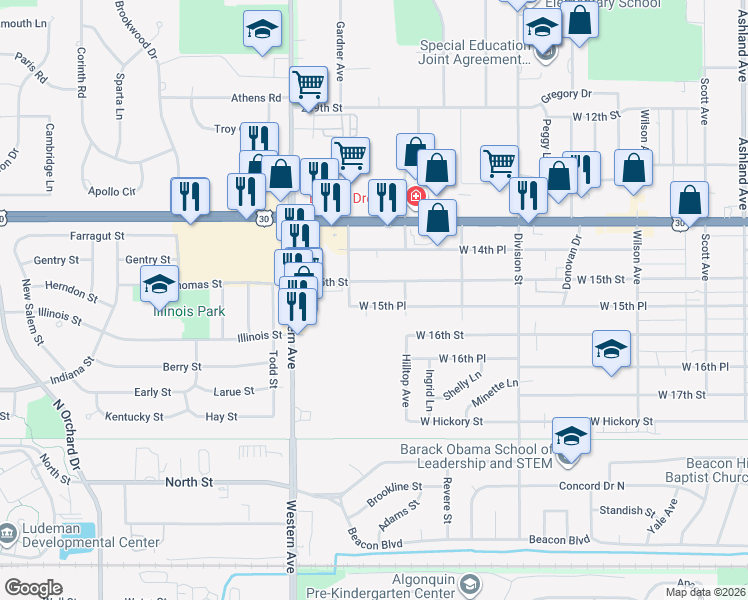 map of restaurants, bars, coffee shops, grocery stores, and more near 647 West 15th Place in Chicago Heights