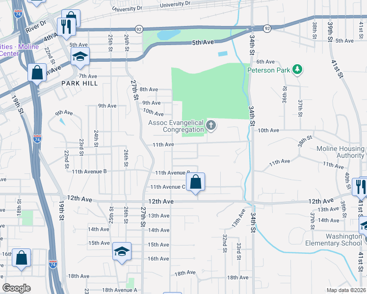map of restaurants, bars, coffee shops, grocery stores, and more near 2934 11th Avenue in Moline