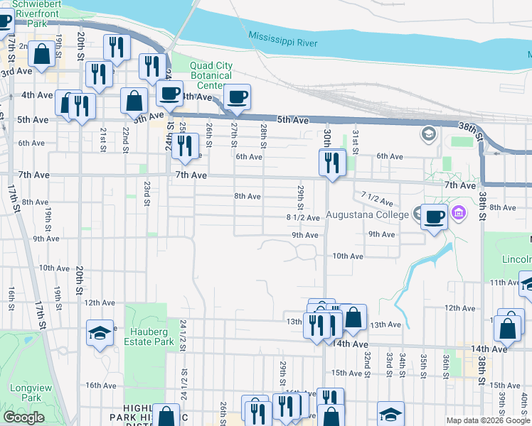 map of restaurants, bars, coffee shops, grocery stores, and more near 2739 8 1/2 Avenue in Rock Island