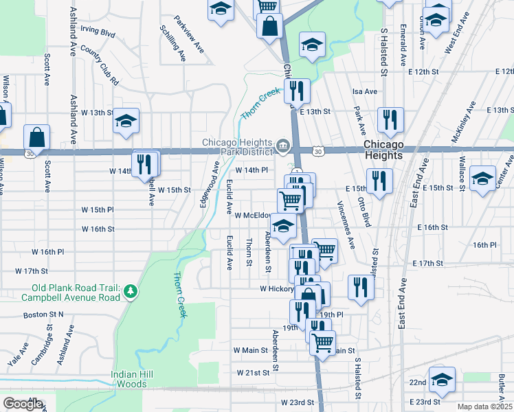 map of restaurants, bars, coffee shops, grocery stores, and more near 1521 Thorn Street in Chicago Heights