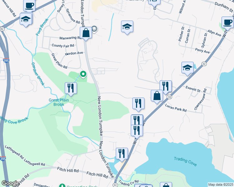 map of restaurants, bars, coffee shops, grocery stores, and more near 698 New London Turnpike in Norwich