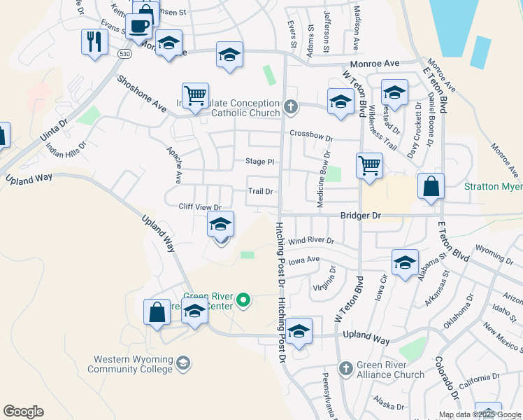 map of restaurants, bars, coffee shops, grocery stores, and more near 340 S Wagon Wheel Dr in Green River