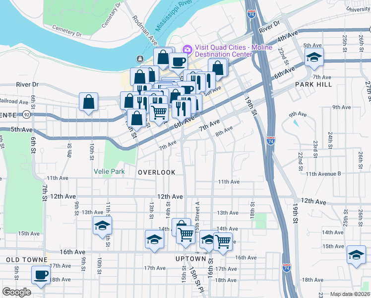 map of restaurants, bars, coffee shops, grocery stores, and more near 816 15th Street in Moline