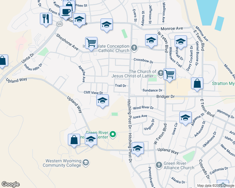 map of restaurants, bars, coffee shops, grocery stores, and more near 340 S Wagon Wheel Dr in Green River