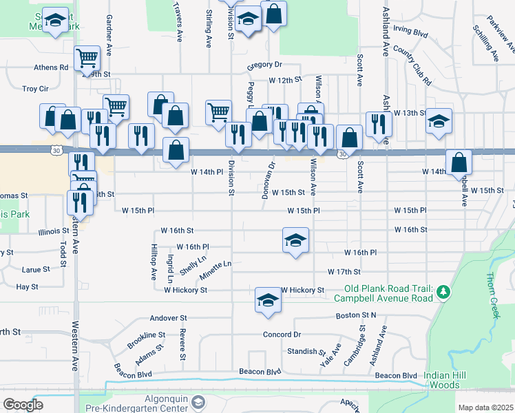 map of restaurants, bars, coffee shops, grocery stores, and more near 467 West 15th Place in Chicago Heights