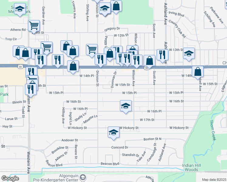 map of restaurants, bars, coffee shops, grocery stores, and more near 1519 Donovan Drive in Chicago Heights
