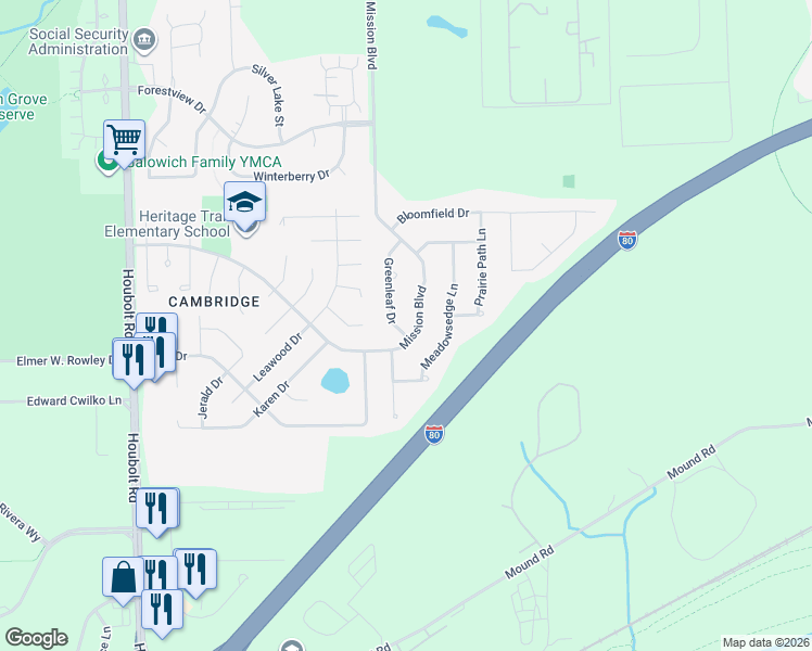 map of restaurants, bars, coffee shops, grocery stores, and more near 1004 Greenleaf Drive in Joliet