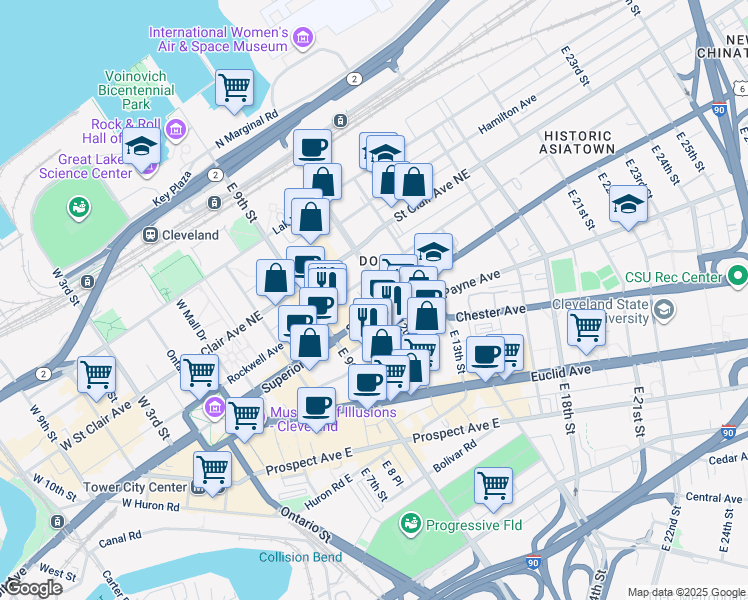 map of restaurants, bars, coffee shops, grocery stores, and more near 1111 Superior Avenue in Cleveland
