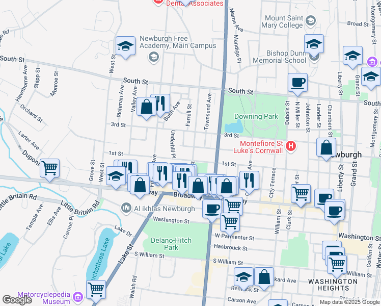 map of restaurants, bars, coffee shops, grocery stores, and more near 73 Prospect Street in Newburgh