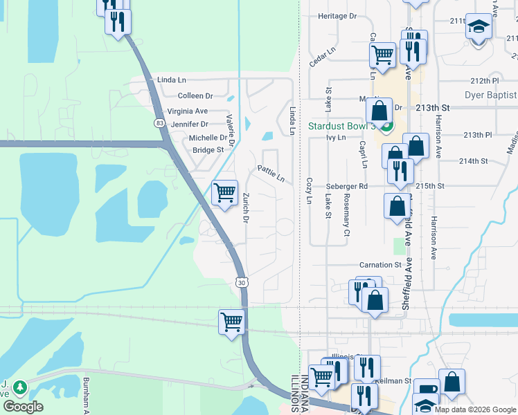 map of restaurants, bars, coffee shops, grocery stores, and more near 166 Bregenz Court in Chicago Heights
