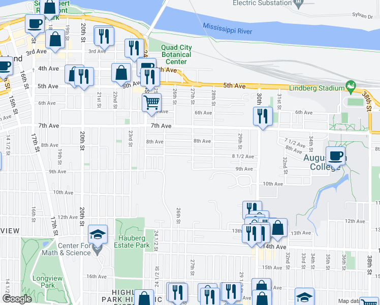 map of restaurants, bars, coffee shops, grocery stores, and more near 2631 8 1/2 Avenue in Rock Island