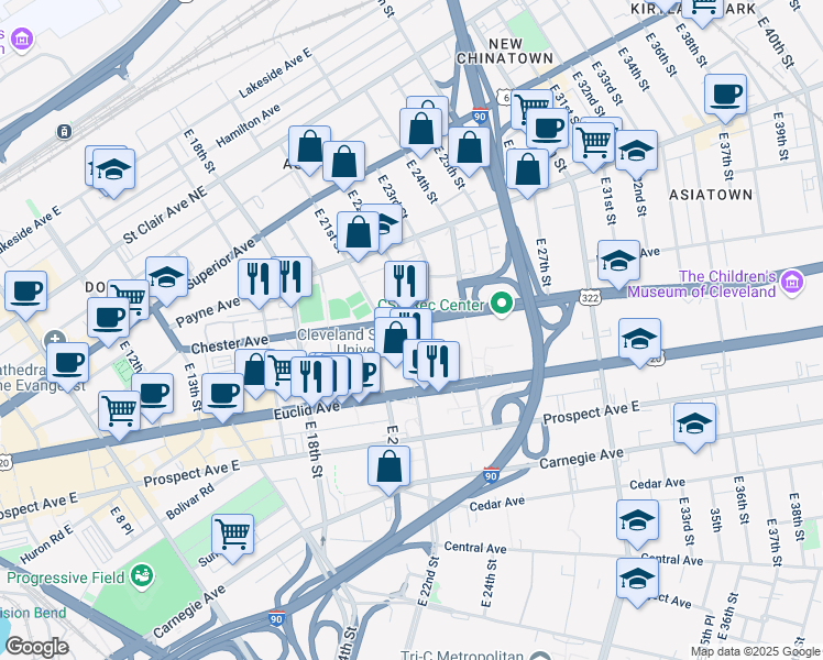 map of restaurants, bars, coffee shops, grocery stores, and more near 1899 East 22nd Street in Cleveland