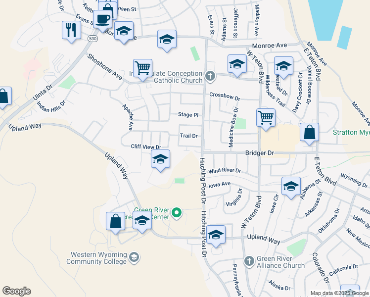 map of restaurants, bars, coffee shops, grocery stores, and more near 340 South Wagon Wheel Drive in Green River