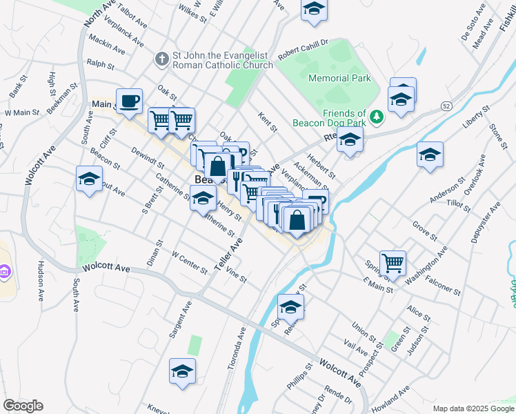 map of restaurants, bars, coffee shops, grocery stores, and more near 396 Main Street in Beacon