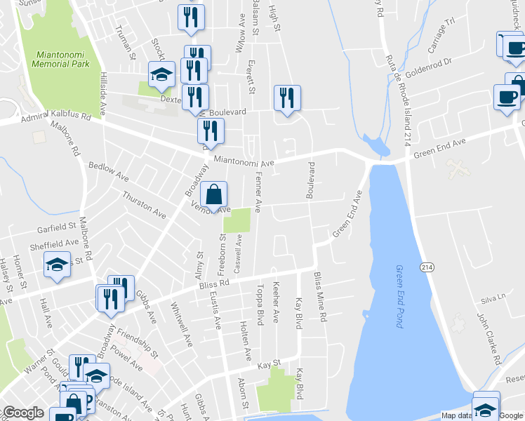 map of restaurants, bars, coffee shops, grocery stores, and more near 73 Vernon Avenue in Middletown