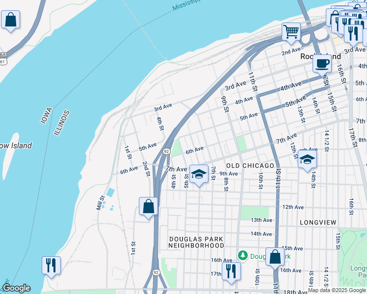 map of restaurants, bars, coffee shops, grocery stores, and more near 523 5th Street in Rock Island