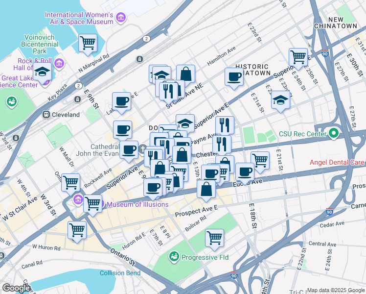 map of restaurants, bars, coffee shops, grocery stores, and more near 1700 East 13th Street in Cleveland