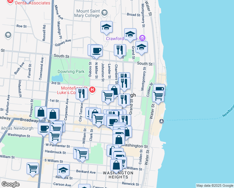 map of restaurants, bars, coffee shops, grocery stores, and more near 86 Chambers Street in Newburgh