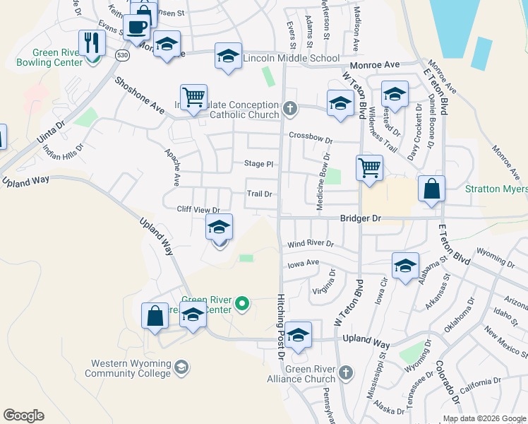 map of restaurants, bars, coffee shops, grocery stores, and more near 340 S Wagon Wheel Dr in Green River
