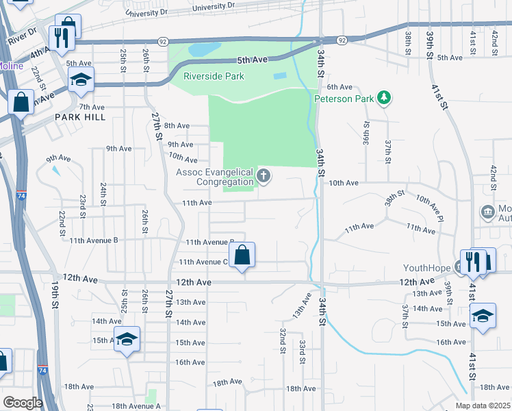 map of restaurants, bars, coffee shops, grocery stores, and more near 3114 11th Avenue in Moline
