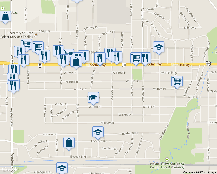 map of restaurants, bars, coffee shops, grocery stores, and more near 411 W 15th Pl in Chicago Heights