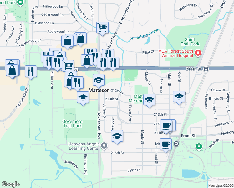 map of restaurants, bars, coffee shops, grocery stores, and more near 21232 Butterfield Parkway in Matteson