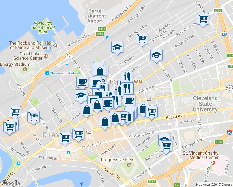 map of restaurants, bars, coffee shops, grocery stores, and more near 1111 U.S. 322 in Cleveland