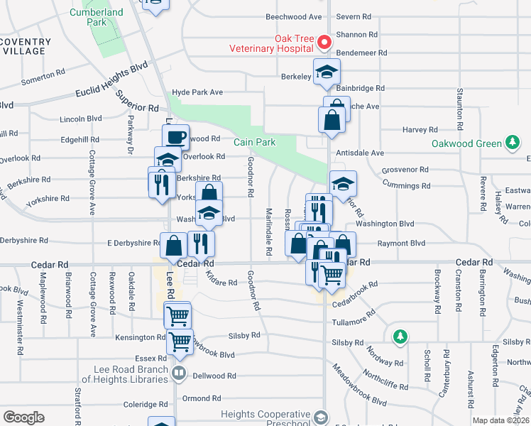 map of restaurants, bars, coffee shops, grocery stores, and more near 3357 Washington Boulevard in Cleveland Heights