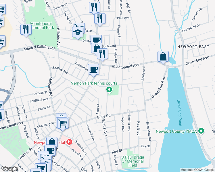 map of restaurants, bars, coffee shops, grocery stores, and more near Vernon Ave & Freeborn St in Newport